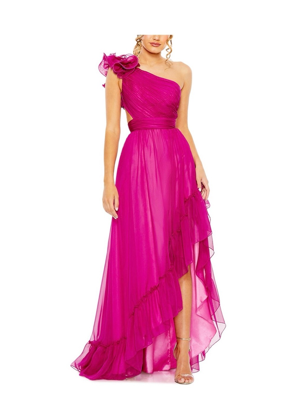 NWT Mac Duggal Ruffled One Shoulder Asymmetrical Gown Magenta Pink Size 6